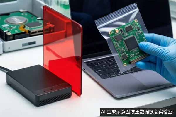 白色桌面上,左侧平放黑色外接硬盘盒,中间竖立红色半透明防护板,右侧戴蓝色手套的手持握装有绿色电路板的透明防静电袋,背景为银色笔记本电脑。