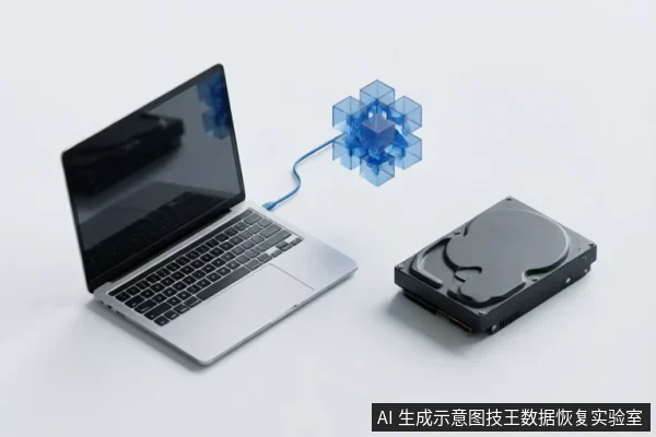 图中展示了一台银色笔记本电脑与一块黑色3.5英寸机械硬盘，两者之间通过一条蓝色数据线和悬浮的蓝色立体几何图形连接。画面采用极简风格，用抽象视觉元素象征电脑与存储设备之间的数据传输或逻辑连接关系。