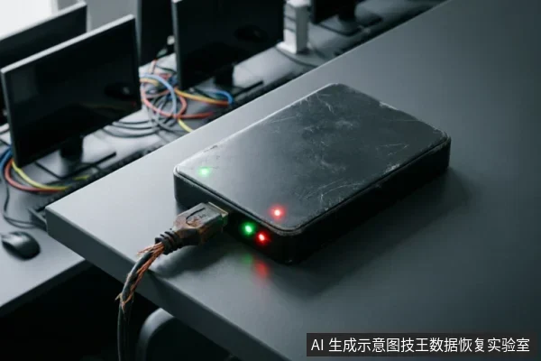 一张黑色移动硬盘放置在桌面上,连接的USB数据线外皮破损、内部铜线裸露,显示出严重老化迹象。硬盘侧面的红绿指示灯亮起,背景为模糊的电脑显示器和杂乱的线缆,直观呈现了网吧环境下因线材损坏导致的连接故障场景。