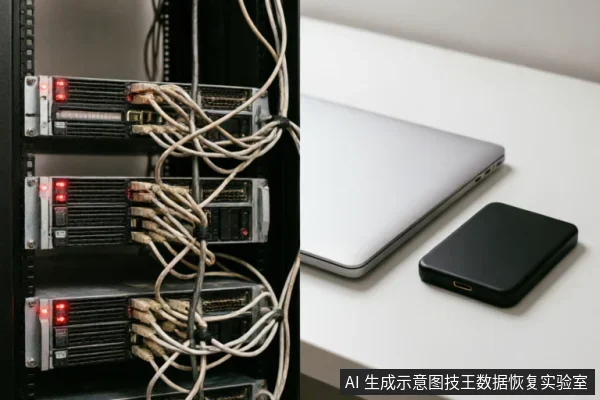 左侧为机架式服务器设备,连接着多根杂乱的数据线;右侧白色桌面上放置着一台闭合的银色笔记本电脑和一个黑色外接硬盘盒。