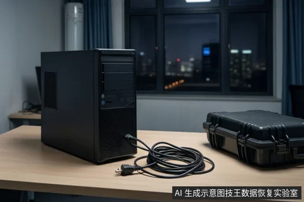 木质桌面上竖立着一台黑色台式主机,前方盘绕着一根黑色电源线,右侧放置一个闭合的黑色防震箱,背景为模糊的窗户和城市夜景。