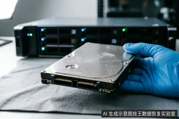 一只戴着蓝色防静电手套的手正拿着一块机械硬盘,背景是带有指示灯的服务器存储设备。硬盘放置在灰色防静电垫上,展示了专业数据恢复或硬件检测环境中的操作场景。