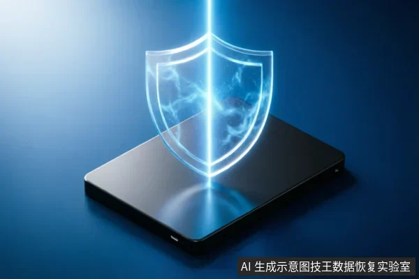 画面展示了一块黑色的固态硬盘平放在深蓝色背景上，硬盘上方投射出一面发光的蓝色全息盾牌。盾牌内部带有电流纹理，象征着对存储设备数据的强力防护与只读安全机制。