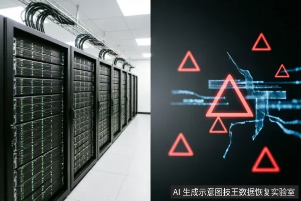 左侧为排列整齐、指示灯亮起的服务器机柜,代表数据存储环境;右侧为黑色背景上带有红色警告三角形和蓝色裂纹的抽象图形,象征系统故障、数据风险或物理损伤隐患。