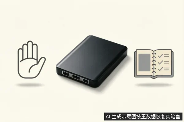 画面中央为一个黑色移动硬盘,左侧是一个张开手掌的“停止”手势图标,右侧是一本带有勾选清单的记事本图标。三者并列排布,示意在数据丢失时立即停止操作并记录设备状态。
