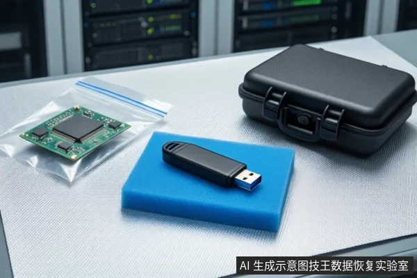 白色防静电工作台上,左侧防静电袋内装有一块绿色电路板,中间蓝色泡沫垫上平放一个黑色U盘,右侧为一个闭合的黑色防震箱。背景为模糊的服务器机柜。