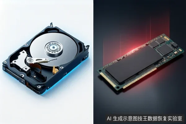 左右分屏展示存储硬件：左侧为打开外壳的机械硬盘，可见盘片与磁头臂；右侧为M.2固态硬盘，表面有红色光效。