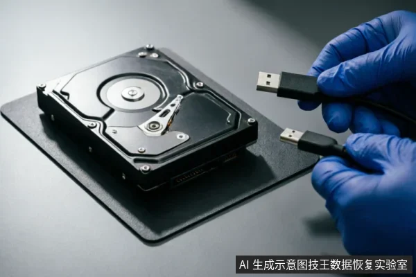 一只戴着蓝色防静电手套的手正拿着USB数据线和电源线，准备连接放置在黑色防静电垫上的裸露机械硬盘，展示数据恢复前的硬件连接与评估场景。