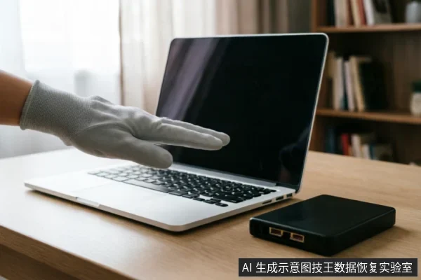 一只戴着灰色防静电手套的手悬停在银色笔记本电脑键盘上方,旁边木桌上放置着一个黑色移动硬盘,背景为模糊的书架。