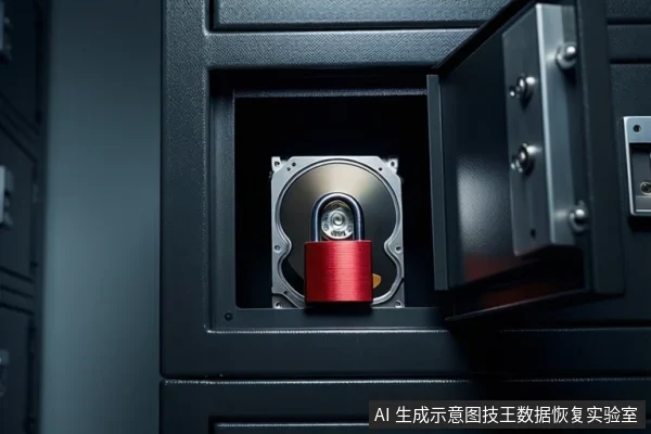 黑色防震箱门打开，箱内固定一块机械硬盘，硬盘主轴上挂着一把红色挂锁。