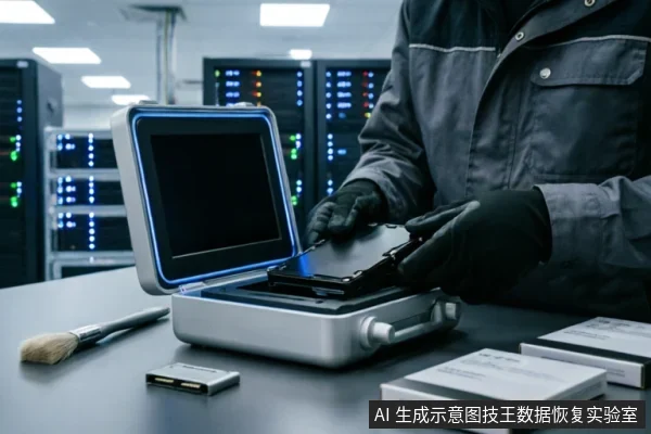 身穿防静电服并佩戴黑色手套的技术人员，在服务器机房背景下的工作台上，将一块机械硬盘放入带有蓝色光圈的专用检测或恢复设备中。桌面上还放置有除尘毛刷、存储卡及密封包装盒，体现了专业数据恢复的严谨操作环境。