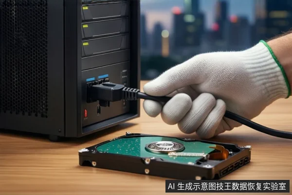 木质桌面上,戴白手套的手持黑色数据线插头,正对准左侧黑色塔式主机的接口。前景平放一块打开外壳的机械硬盘,背景为模糊的城市夜景。
