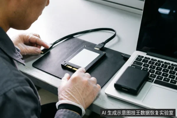 一名佩戴透明手套的技术人员正在操作台上检测一块裸露的2.5英寸SATA硬盘。硬盘通过数据线连接至右侧笔记本电脑,旁边放置有黑色移动存储设备,展示了专业数据恢复实验室中对硬件进行只读排查与检测的场景。