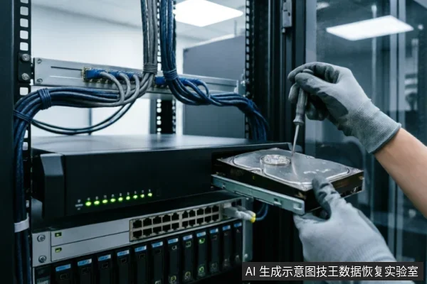 一名佩戴灰色防静电手套的技术人员正在服务器机柜前,使用螺丝刀拆卸或安装一块机械硬盘。背景可见带有绿色指示灯的交换机、路由器及整齐排列的蓝色网线,展示了专业数据中心环境下的硬件维护场景。