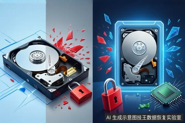 画面左右分屏,左侧浅蓝背景平放一块打开外壳的机械硬盘,周围有红色几何碎片飞溅;右侧深蓝背景展示一块机械硬盘和绿色芯片,周围环绕蓝色几何碎片。
