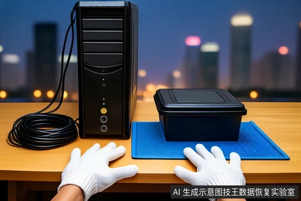 木质桌面上竖立一台黑色塔式主机,左侧盘绕黑色线缆,右侧蓝色防静电垫上放置一个闭合的黑色方形防震箱,前景一双戴白色手套的手平放在桌边,背景为模糊的城市夜景。
