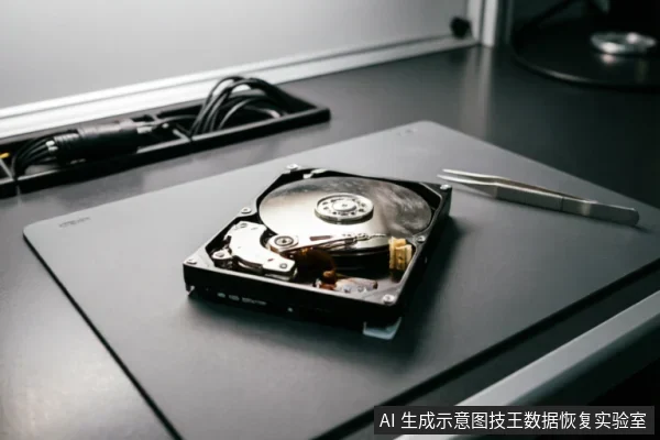 一张打开顶盖的机械硬盘放置在黑色防静电垫上,旁边放有一把金属镊子,背景可见线缆收纳槽。画面展示了专业数据恢复环境下的硬件拆解与检测场景,暗示对硬盘进行物理层面的评估或维修操作。