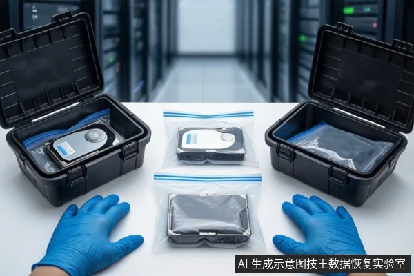 白色桌面上,左右各有一个打开的黑色防震箱,中间平放两个装有硬盘的防静电袋,下方一双戴蓝色手套的手平放。背景为模糊的服务器机柜。
