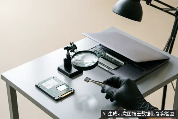 一只戴着黑色防静电手套的手使用镊子夹持微小的电子芯片,旁边放置着放大镜支架和一块裸露电路板的机械硬盘。背景是一台打开的笔记本电脑,桌面整洁并配有专业台灯,展示了数据恢复实验室中对硬件组件进行物理检测与拆解的专业场景。