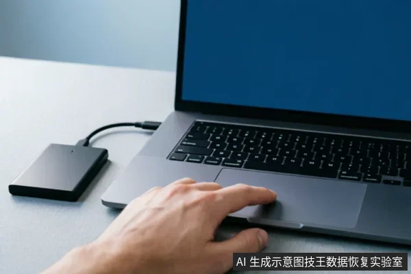 一只人手正在操作连接着外接移动硬盘的笔记本电脑,展示外部存储设备通过数据线接入电脑的场景,用于示意硬盘连接与识别状态检查。