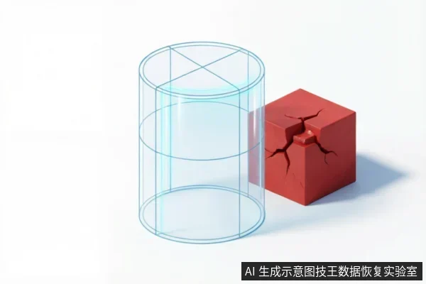 画面展示了一个透明的蓝色线框圆柱体和一个表面带有裂纹的红色立方体。圆柱体结构完整,象征逻辑层面的数据梳理与重组;旁边的红色立方体出现破损裂痕,隐喻文件系统损坏或物理介质的损伤。两者并置,直观呈现了软件在介质受损情况下进行逻辑修复的概念。