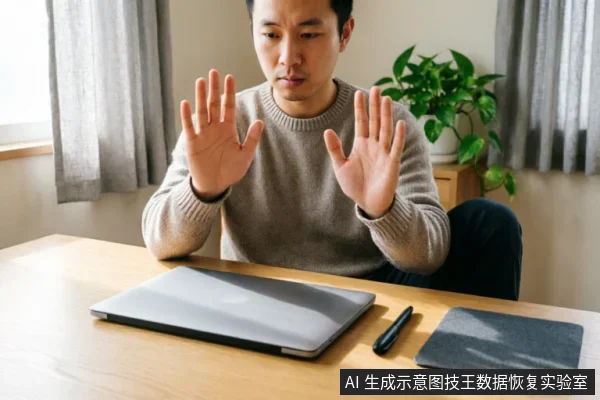 一名男子坐在木质办公桌前,面对一台闭合的银灰色笔记本电脑。他神情严肃,双手举起掌心向外做出明确的停止手势,示意禁止操作。桌上还放有黑色手写笔和鼠标垫,背景可见绿植与窗帘,整体营造出紧急制动、切勿通电尝试修复的氛围。