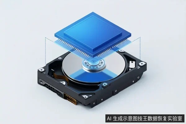 一张机械硬盘盘体位于下方，上方悬浮一块蓝色芯片，芯片与盘片之间有虚线连接，示意芯片与硬盘内部结构的对应关系。