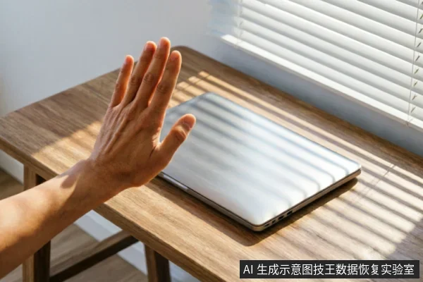 一只手掌在闭合的笔记本电脑前做出停止手势,百叶窗投下的条纹光影覆盖在设备与木质桌面上,直观呈现紧急断电或停止操作的状态。