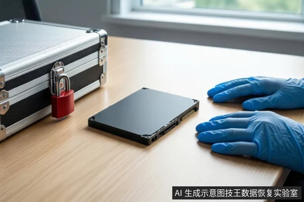 木质桌面上,左侧放置挂有红色挂锁的银色金属防震箱,中间平放一块黑色固态硬盘,右侧一双戴蓝色手套的手平放在桌面上,背景为模糊的窗户。