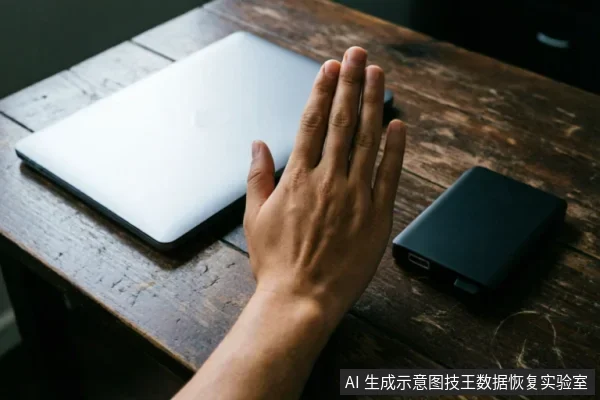 一只手掌平放在闭合的银色笔记本电脑上,做出明显的停止或拒绝手势。电脑旁放置着一个黑色的外接移动硬盘盒,置于深色木纹桌面上。画面直观传达了在设备故障时立即停止操作、切断通电的止损理念。
