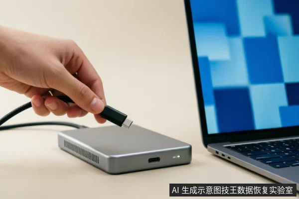 一只手正拿着USB数据线连接银灰色移动硬盘,旁边放置一台笔记本电脑。画面展示了检查外部连接链、确认线缆与接口状态的操作场景,用于说明在排查硬盘无法识别问题时,优先排除外部连接故障的步骤。