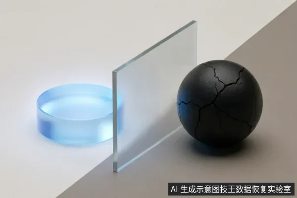 画面展示了三个抽象物体:左侧为发光的蓝色半透明圆柱体,中间竖立一块透明玻璃板,右侧为一个表面布满裂纹的黑色球体。背景由白色和灰色斜面拼接而成,整体呈现出极简的静物构图。