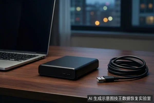 深色木桌上平放一个黑色外接硬盘盒,右侧盘绕着一根黑色USB线缆,左侧有一台打开的银色笔记本电脑,背景是模糊的城市夜景窗户。