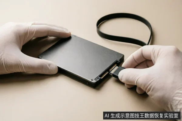 戴着白色防护手套的双手正在将SATA数据线连接至一块黑色2.5英寸硬盘的接口上，背景为纯色桌面。