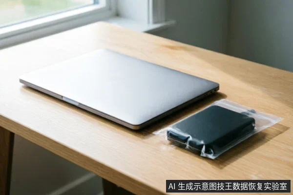 木质桌面上放置着一台闭合的银色笔记本电脑,旁边是一个封装在透明自封袋中的黑色移动硬盘。画面光线明亮,展示了数据恢复或寄修服务中常见的设备外观与包装状态。