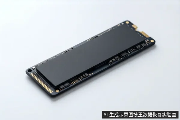 白色背景上斜放一块黑色M.2固态硬盘，可见金色金手指接口和黑色闪存芯片，右下角有固定标识。
