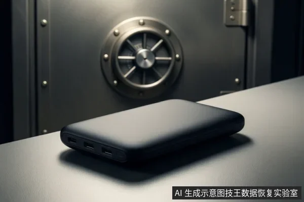 画面中一个黑色移动硬盘盒放在灰色桌面上,背景为带圆形转盘的金属保险库门。