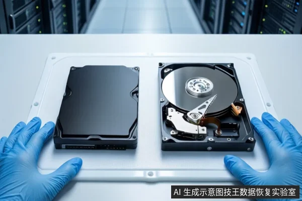 洁净室白色桌面上，戴蓝色手套的双手平放在一块闭合的黑色机械硬盘和一块打开外壳的机械硬盘两侧，背景可见服务器机柜。