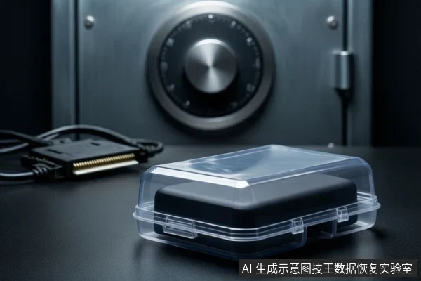 画面前景有一个透明塑料盒,内装黑色方形存储设备;左侧有一根带金手指触点的线缆,背景为带圆形旋钮的金属柜门。