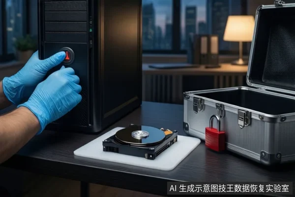 深色桌面上，戴蓝色手套的双手正按压黑色塔式主机正面的红色电源按钮，旁边平放一块打开外壳的机械硬盘，右侧为挂有红色挂锁的银色金属防震箱，背景为模糊的城市夜景和台灯。