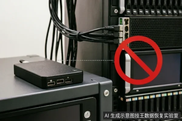 一个黑色移动硬盘放置在服务器机柜顶部,多根网线连接在后方设备上。画面右侧叠加了一个巨大的红色禁止符号,示意在设备出现硬件故障或异常时,严禁进行通电、连接或尝试软件修复等操作,应保持设备原始状态。