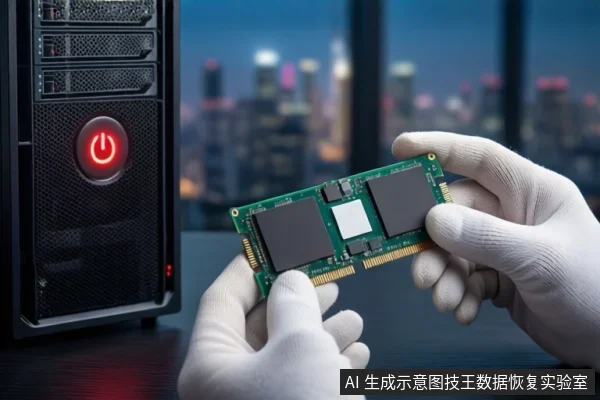 画面左侧是一台亮着红色电源按钮的黑色塔式主机,前景中一双戴着白色手套的手正持握一块绿色的M.2固态硬盘,背景为模糊的城市夜景。