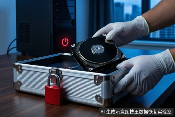 木质桌面上,戴白手套的双手正持握一块裸露的机械硬盘,下方是一个挂有红色挂锁的银色金属防震箱。背景左侧有一台亮着红色电源按钮的黑色塔式主机,右侧为模糊的窗户。