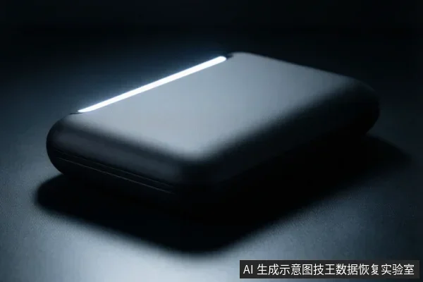 深色背景中放置一个黑色圆角矩形移动存储设备,顶部有一条白色指示灯亮着,设备表面无可见文字。