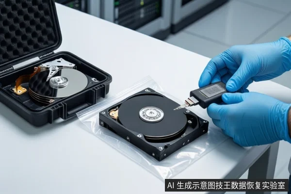 白色桌面上,左侧打开的黑色防震箱内固定着一块机械硬盘,中间透明防静电袋内平放另一块机械硬盘,右侧一双戴蓝色手套的手正持握一个黑色USB接口设备。背景为模糊的服务器机柜。