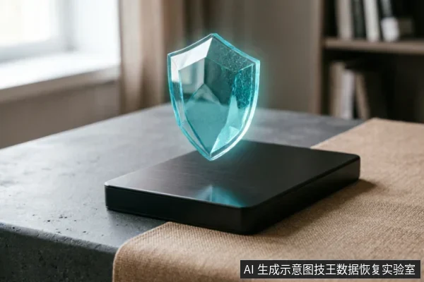 一个发光的蓝色水晶盾牌悬浮在黑色矩形硬盘设备上方,置于深色桌面与麻布之上,象征数据恢复过程中的介质保护与安全防御。