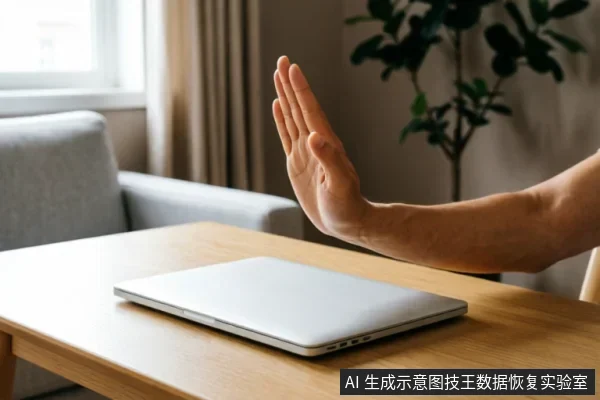 画面展示了一只手在闭合的笔记本电脑前做出“停止”的手势，示意拒绝操作或紧急停机。背景为居家办公环境，包含木桌、沙发和绿植。该图像直观地传达了在硬盘故障时避免盲目尝试、立即止损的核心原则。