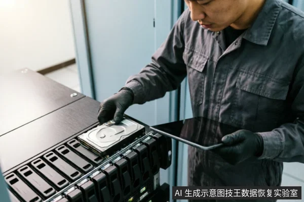 一名身穿灰色工装、佩戴黑色防静电手套的技术人员，正从服务器硬盘阵列中取出一块机械硬盘。他左手托着平板电脑查看信息，右手小心操作硬件，展现了专业数据恢复或硬件检测的精密作业场景。