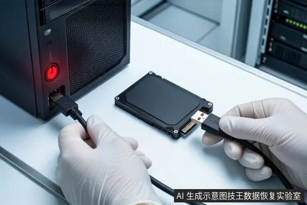 白色桌面上,左侧竖立一台黑色塔式主机,正面电源按钮亮红灯。前景一双戴白手套的手正在将一根黑色USB数据线插入主机正面接口。右侧平放一块闭合的黑色固态硬盘。背景为模糊的服务器机柜。