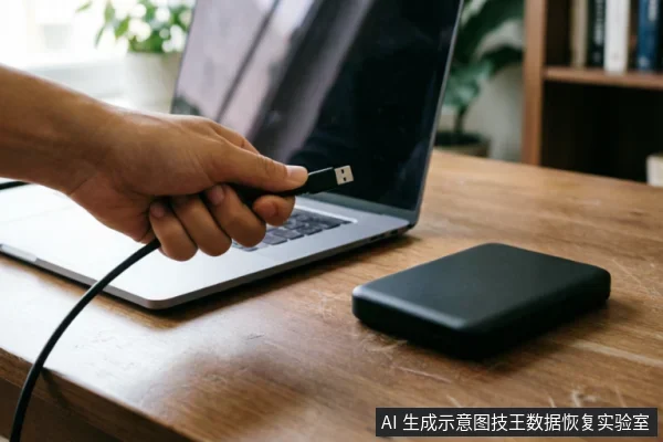 一只手正握着USB数据线准备连接或断开笔记本电脑，木质桌面上放置着一个黑色的移动硬盘。画面展示了存储设备与电脑的连接场景，符合数据恢复前检查连接状态或断开设备的操作示意。